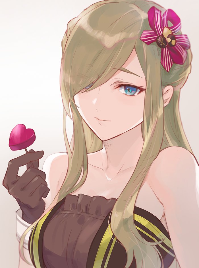 1girl bare_shoulders blue_eyes breasts brown_dress brown_gloves brown_hair candy chocolate collarbone dress food gloves hair_ornament hair_over_one_eye hair_ribbon heart heart-shaped_chocolate holding isa_(peien516) large_breasts long_hair looking_at_viewer ribbon sleeveless sleeveless_dress solo tales_of_(series) tales_of_asteria tales_of_the_abyss tear_grants valentine