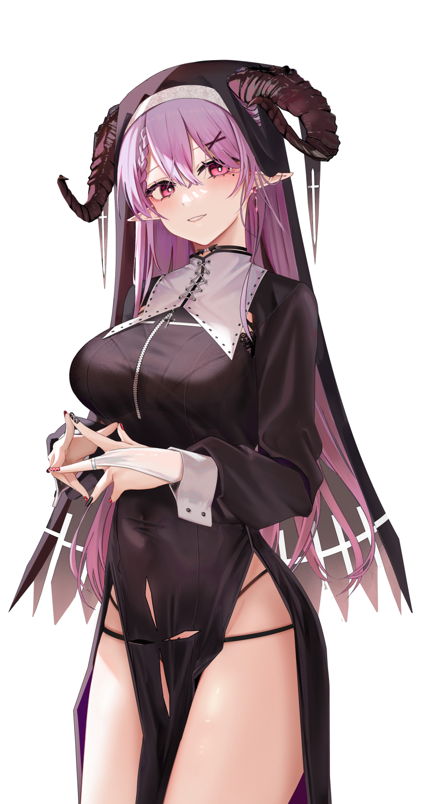 1girl breasts bridal_gauntlets curled_horns earrings hair_between_eyes hair_ornament highres horns jewelry long_hair looking_at_viewer medium_breasts mole mole_under_eye nun original pink_hair pointy_ears red_eyes ru_zhai simple_background smile solo white_background x_hair_ornament