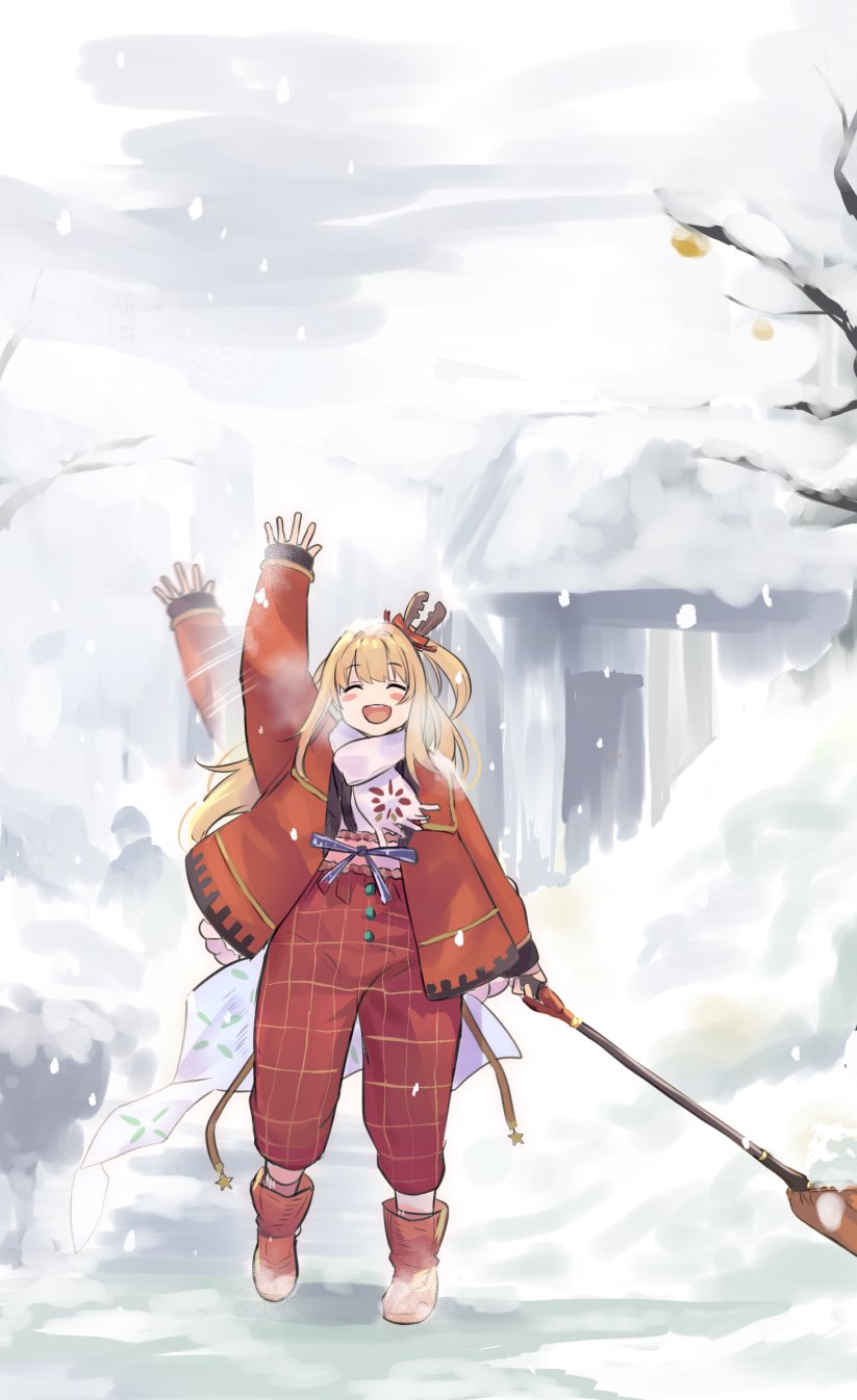 1girl afterimage bangs blonde_hair blush boots breath closed_eyes coat facing_viewer full_body granblue_fantasy highres holding holding_shovel kztk mirin_(granblue_fantasy) open_clothes open_coat open_mouth outdoors pants red_coat red_footwear red_pants scarf shovel side_ponytail smile snow snow_shovel solo speed_lines standing tree waving