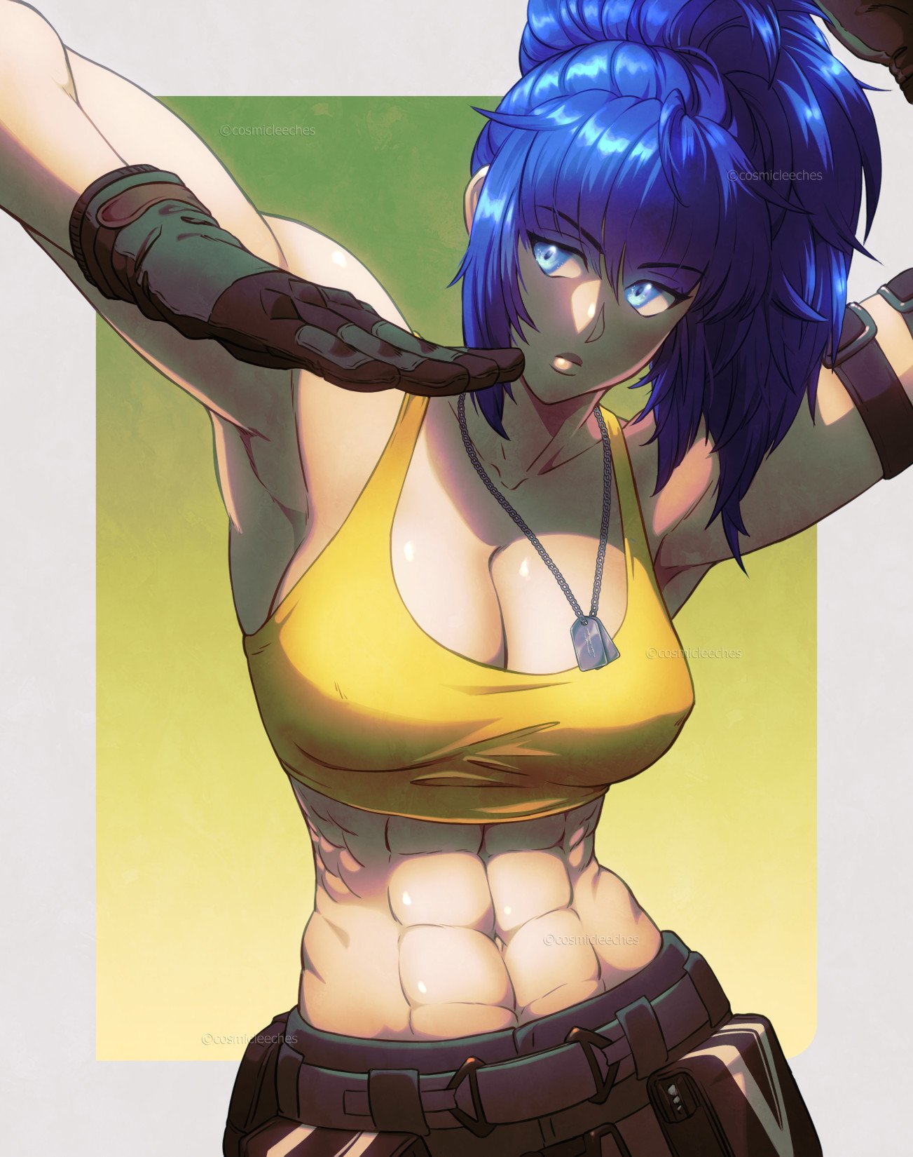 1girl abs armpits artist_name blue_eyes blue_hair cosmicleeches dog_tags eyebrows_visible_through_hair eyes_visible_through_hair gloves highres leona_heidern muscular muscular_female navel ponytail pouch solo tank_top the_king_of_fighters the_king_of_fighters_xv twintails watermark