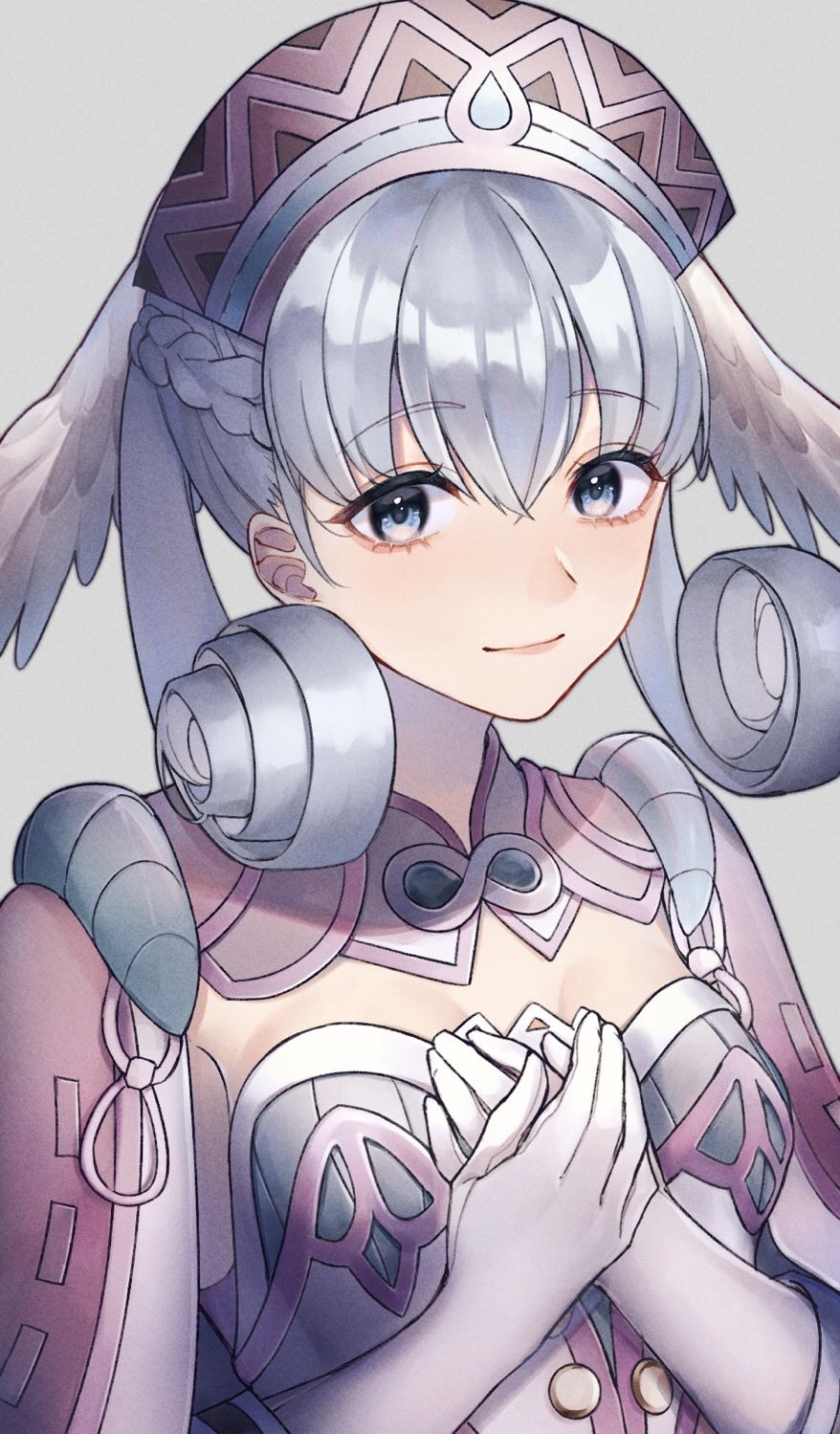 1girl blue_eyes braid breasts cape curly_hair dress gloves hat head_wings highres long_hair long_sleeves looking_at_viewer medium_breasts melia_antiqua mirin. puffy_sleeves silver_hair simple_background smile solo staff thigh-highs twintails upper_body xenoblade_chronicles xenoblade_chronicles_(series)