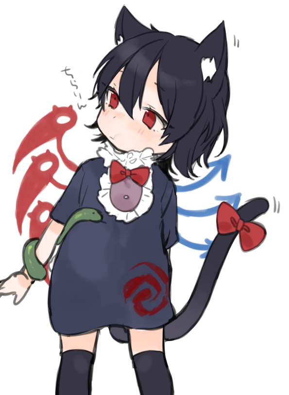 1girl animal_ear_fluff animal_ears asymmetrical_wings black_dress black_hair black_legwear blush bow cat_ears cat_tail chibi dress houjuu_nue jewelry kemonomimi_mode looking_to_the_side makita_(vector1525) red_bow red_eyes short_hair simple_background snake solo tail tail_bow tail_ornament thigh-highs touhou white_background wings zettai_ryouiki