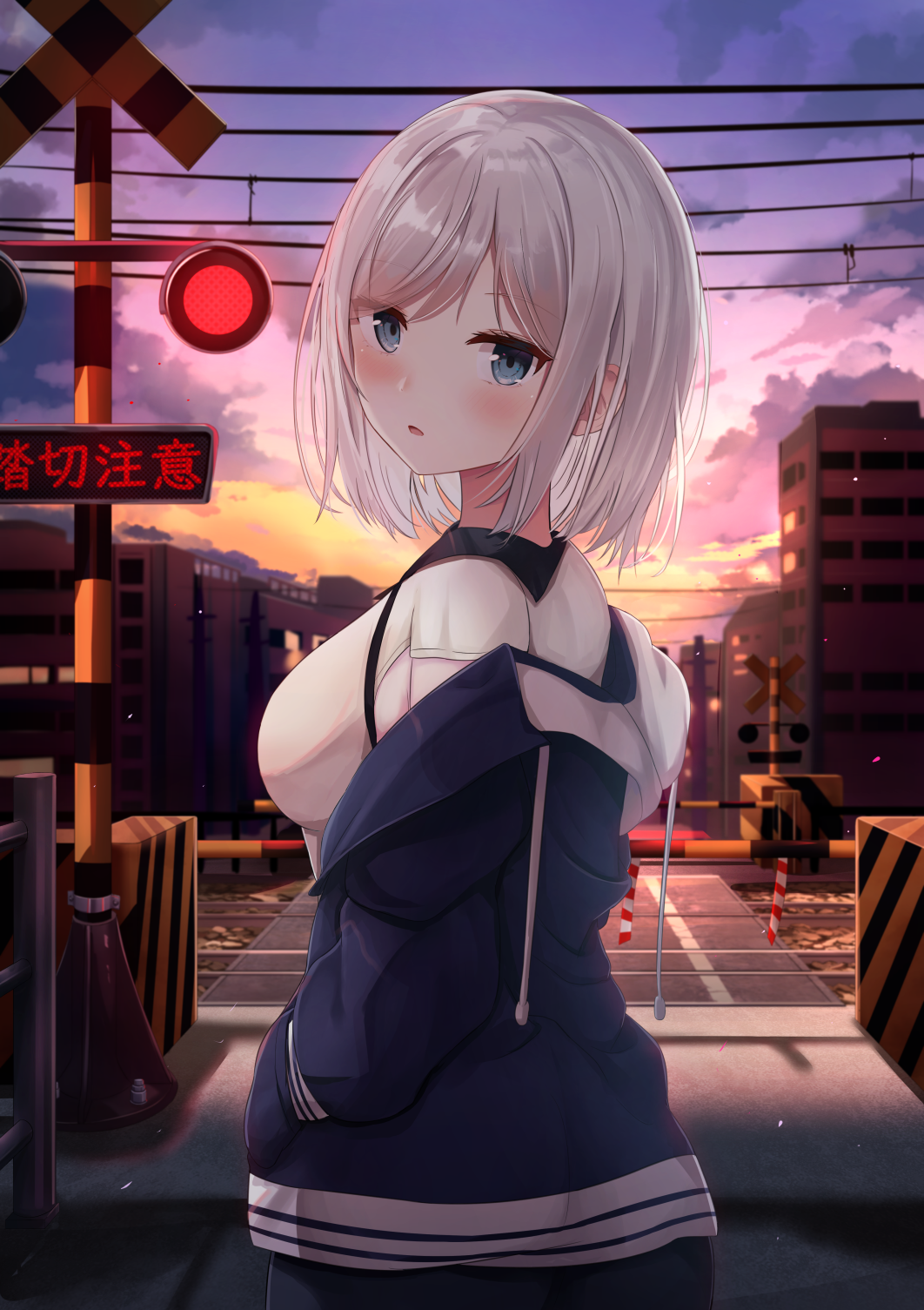 1girl bangs blue_eyes blush breasts check_commentary commentary commentary_request eyebrows_visible_through_hair hands_in_pockets highres looking_at_viewer looking_back medium_breasts original outdoors parted_bangs railroad_crossing short_hair silver_hair solo standing sunset touhourh