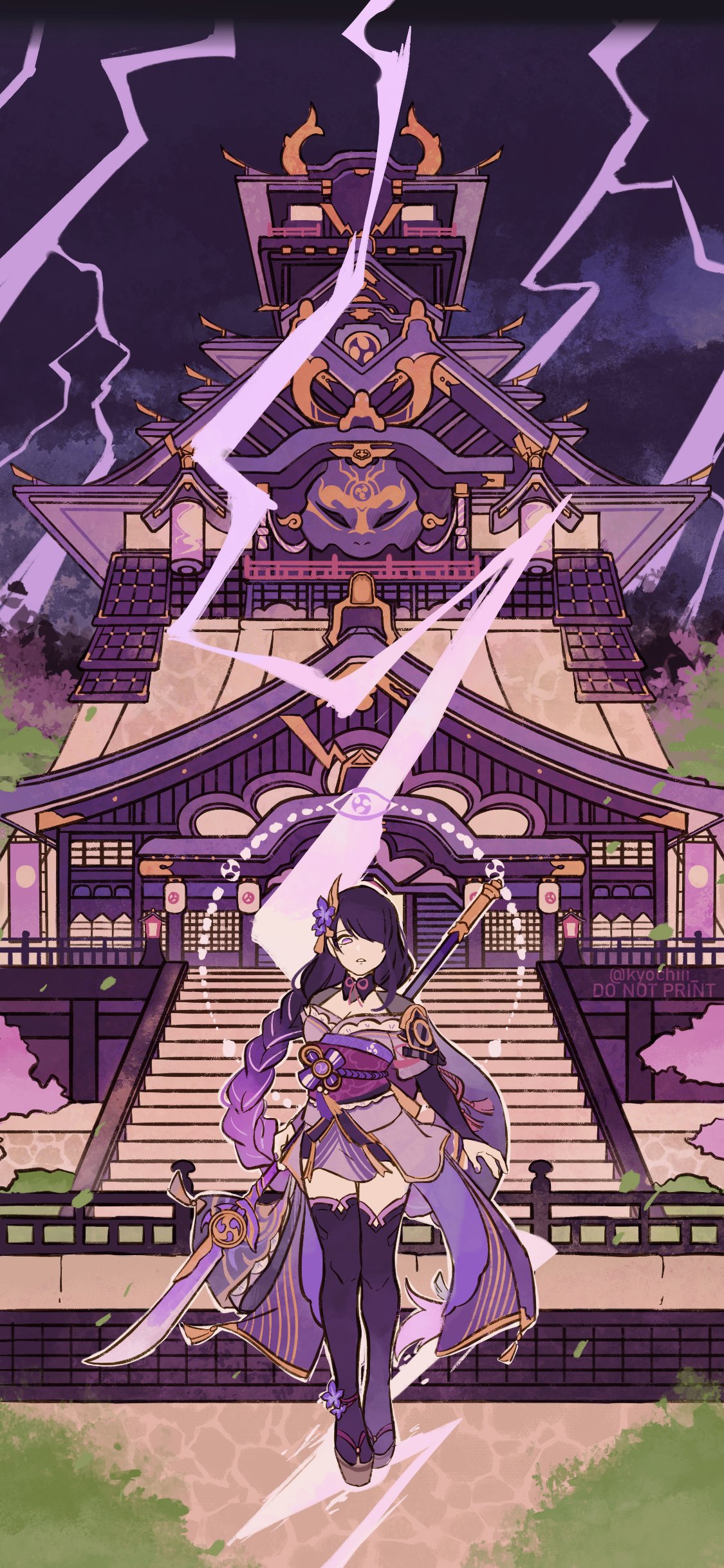 1girl absurdres architecture bangs black_hair black_legwear breasts commentary dark east_asian_architecture english_commentary genshin_impact highres japanese_clothes kyochiii large_breasts lightning long_hair looking_at_viewer multicolored_hair night purple_hair raiden_shogun solo two-tone_hair violet_eyes