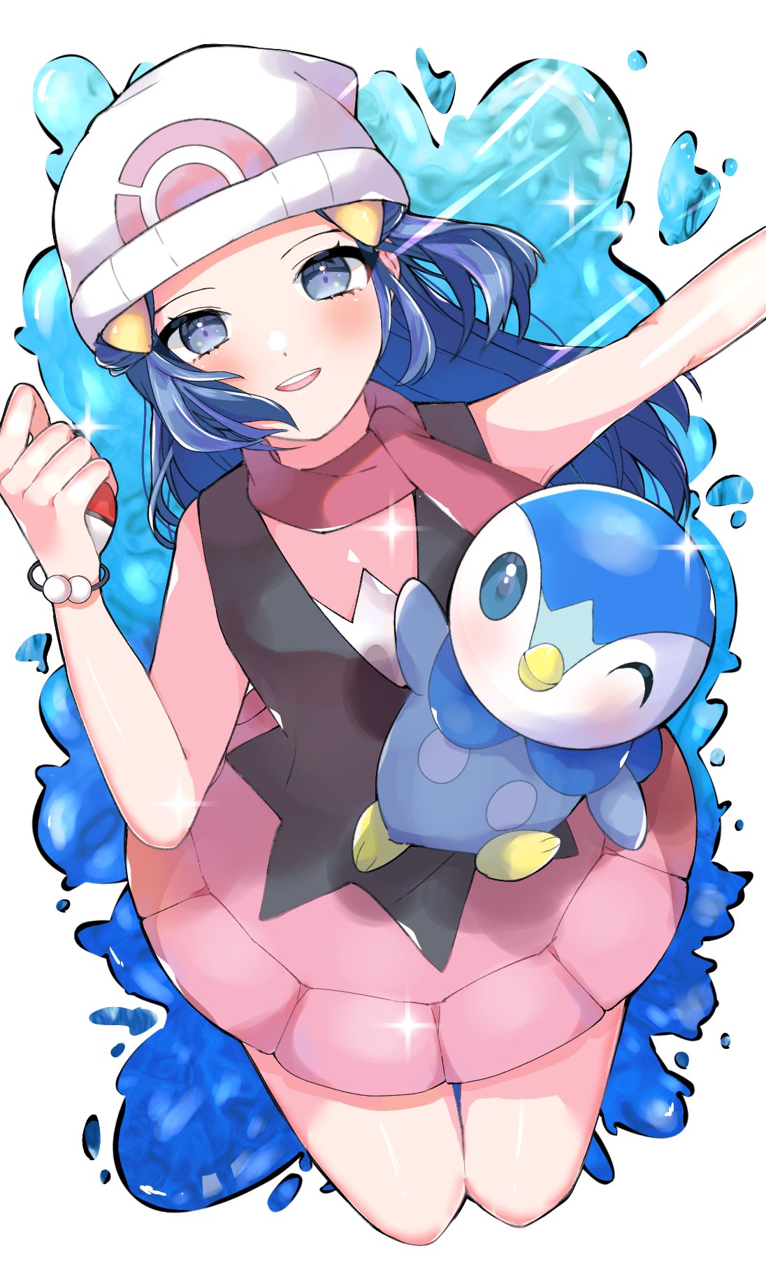 1girl beanie black_shirt blue_hair blush bracelet commentary_request grey_eyes hair_ornament hairclip hat highres hikari_(pokemon) holding holding_poke_ball jewelry long_hair looking_at_viewer one_eye_closed open_mouth outstretched_arm pink_skirt piplup poke_ball poke_ball_(basic) poke_ball_print pokemon pokemon_(anime) pokemon_(creature) pokemon_dppt_(anime) red_scarf scarf shirt skirt sleeveless sleeveless_shirt smile sparkle teeth ume_(ume_445) upper_teeth white_headwear