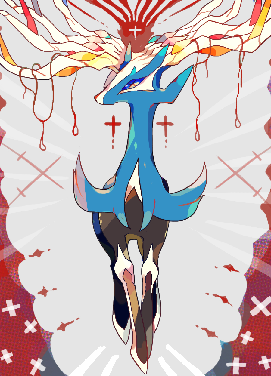 +_+ akadako animal_focus blue_eyes commentary_request cross dated_commentary full_body grey_background highres no_humans one-hour_drawing_challenge partial_commentary pokemon pokemon_(creature) solo standing straight-on xerneas