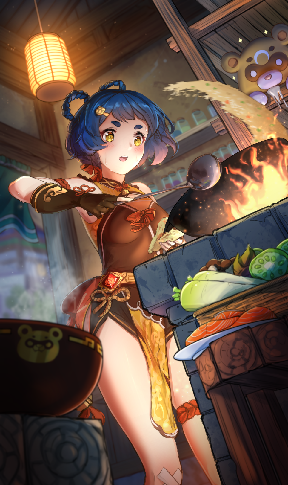 1girl :o blue_hair blush braid breasts china_dress chinese_clothes cooking dress fingerless_gloves fire flower_knot food fried_rice genshin_impact gloves guoba_(genshin_impact) hair_ornament hair_rings hairclip highres ippers open_mouth pelvic_curtain plate pot radish short_eyebrows short_hair small_breasts solo_focus spice_rack steam thighs twin_braids vegetable vision_(genshin_impact) wok xiangling_(genshin_impact) yellow_eyes