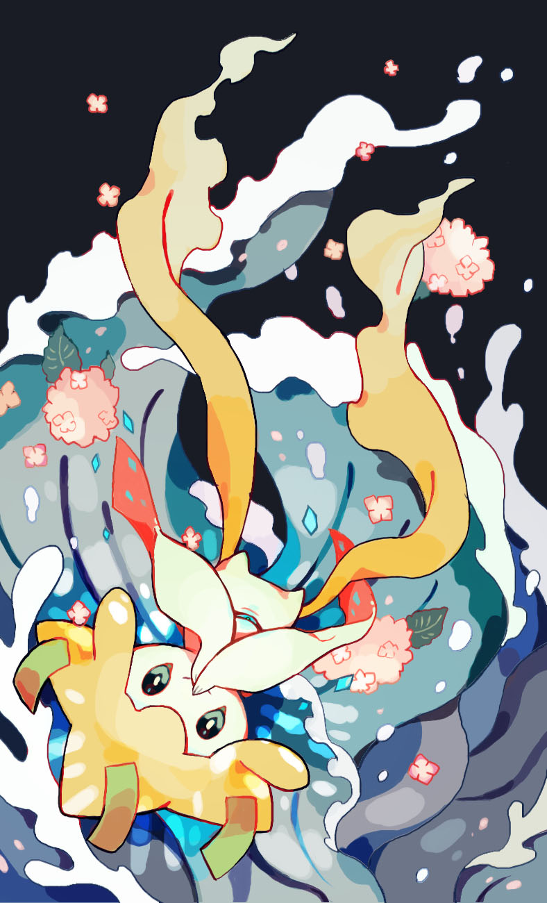 akadako bright_pupils closed_mouth colored_skin commentary_request covering_mouth dated_commentary flower green_eyes hands_up happy highres jirachi looking_at_viewer one-hour_drawing_challenge own_hands_together partial_commentary petals pink_flower pokemon pokemon_(creature) smile solo third_eye upside-down water white_pupils white_skin