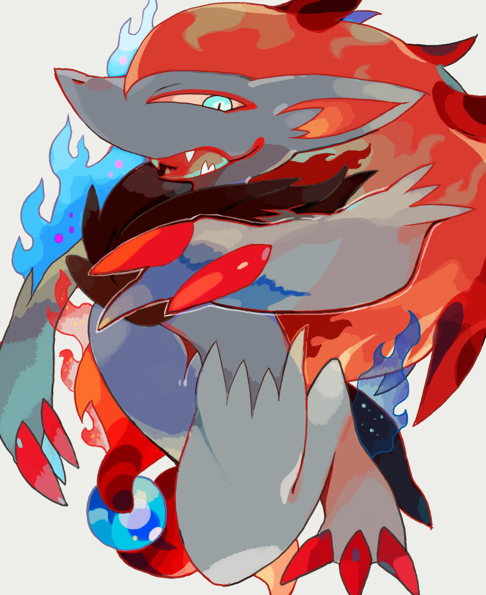 1other absurdly_long_hair akadako animal_ears arm_up black_fur black_hair blue_eyes blue_fire body_fur claws colored_tips commentary_request dated_commentary fangs fire fur_collar furry grey_background grey_fur half-closed_eyes happy highres long_hair looking_at_viewer multicolored_hair one-hour_drawing_challenge open_mouth partial_commentary pokemon pokemon_(creature) redhead simple_background slit_pupils smile snout solo two-tone_fur two-tone_hair very_long_hair wolf_ears zoroark