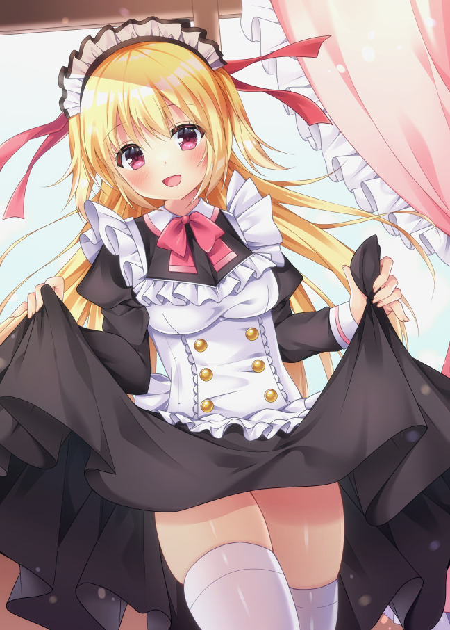 1girl :d apron bangs black_dress blonde_hair blush bow breasts clothes_lift collared_dress commentary_request curtains day dress dress_lift eyebrows_visible_through_hair frilled_apron frills fujikura_ryuune hair_between_eyes indoors juliet_sleeves long_hair long_sleeves looking_at_viewer maid maid_apron maid_headdress medium_breasts original puffy_sleeves red_bow red_eyes skindentation smile solo thigh-highs very_long_hair white_apron white_legwear window