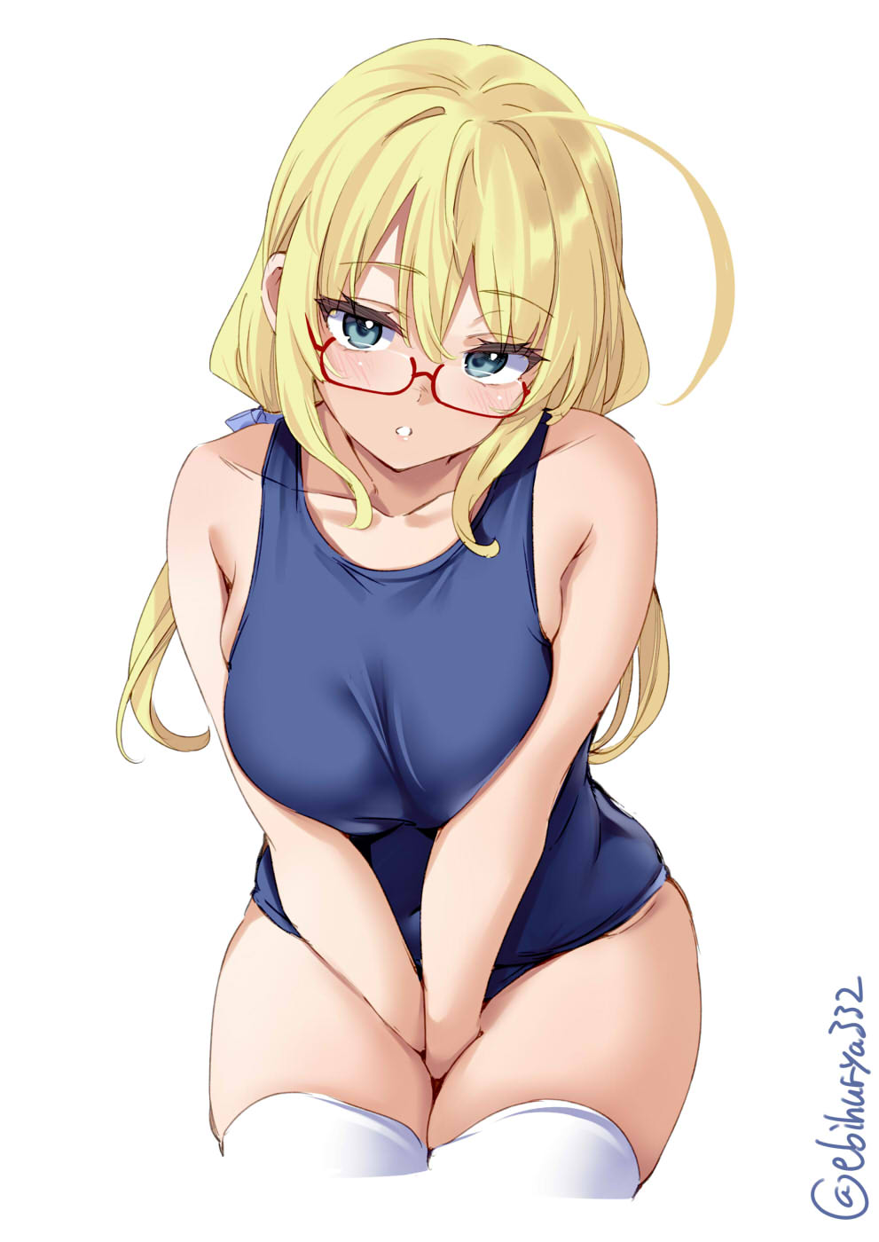 1girl ahoge between_legs blonde_hair blue_eyes blue_swimsuit blush breasts collarbone ebifurya glasses hand_between_legs highres i-8_(kancolle) kantai_collection large_breasts long_hair looking_at_viewer one-piece_swimsuit school_swimsuit simple_background solo swimsuit thigh-highs twintails twitter_username white_background white_legwear