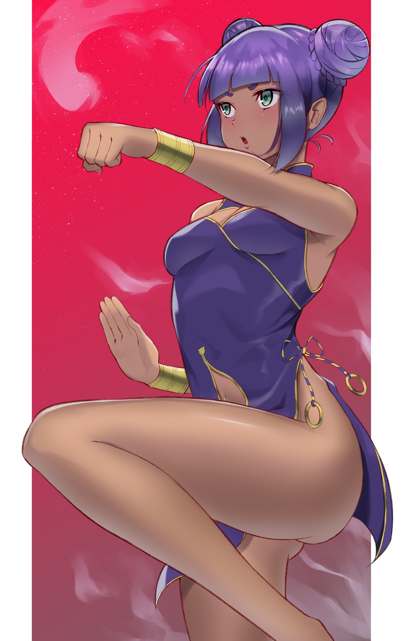 1girl alternate_costume bangs blunt_bangs blush bob_cut breasts china_dress chinese_clothes dark-skinned_female dark_skin double_bun dress fingerless_gloves gloves green_eyes highres looking_at_viewer medium_breasts menat punching purple_hair sato_one1 short_hair smile solo street_fighter street_fighter_v