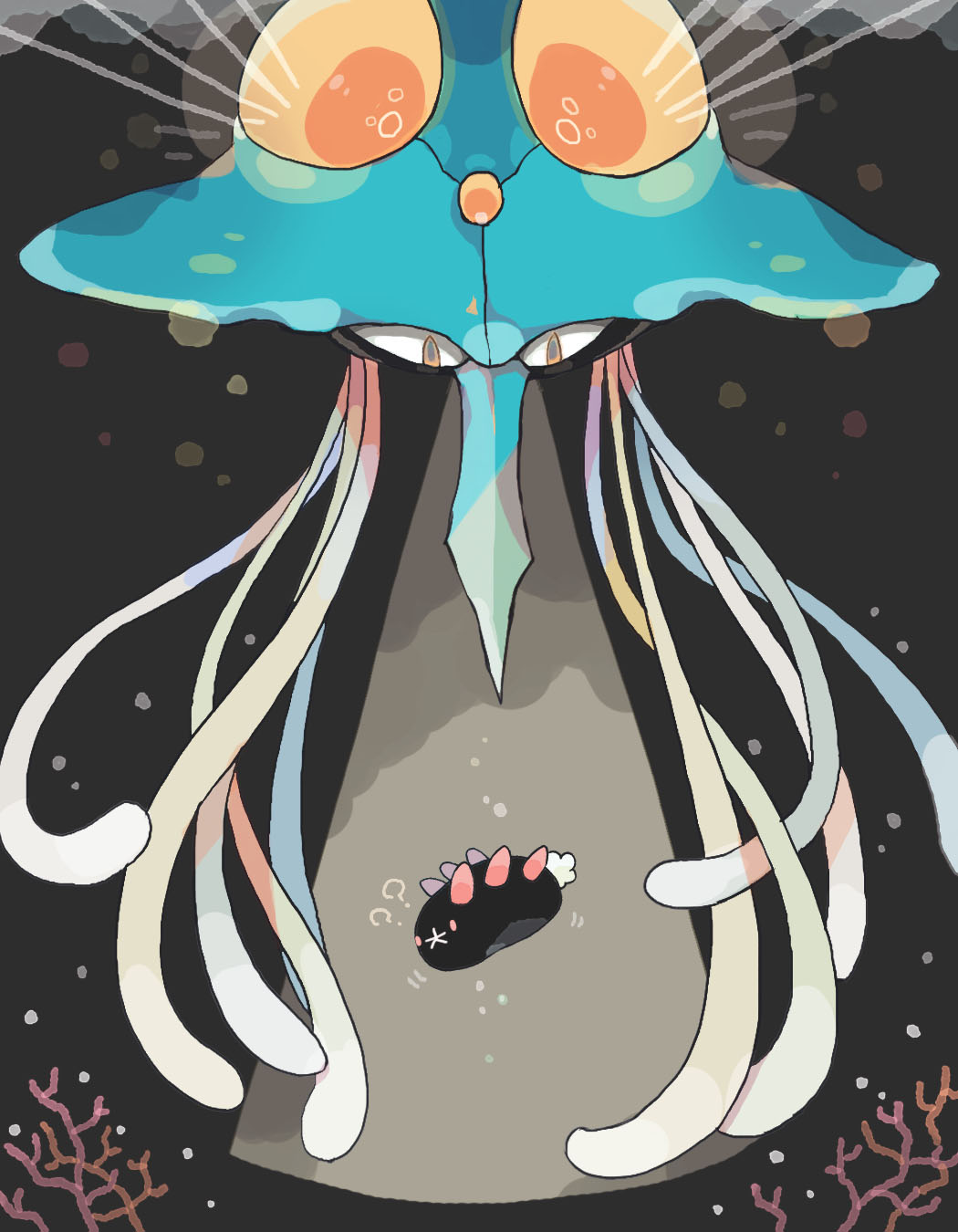 ? ?? abduction akadako animal_focus commentary_request coral dated_commentary floating full_body highres looking_at_another looking_down motion_lines no_humans one-hour_drawing_challenge orange_eyes partial_commentary pink_eyes pokemon pokemon_(creature) pyukumuku solid_oval_eyes tentacles tentacruel ufo underwater