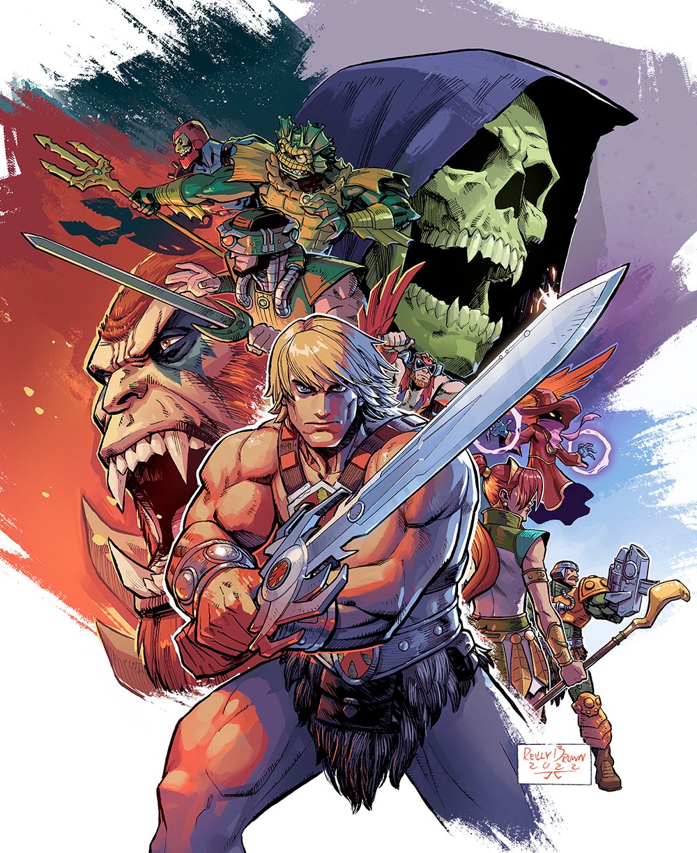 armor beast_man blonde_hair character_request commentary english_commentary everyone facing_viewer fangs fantasy floating he-man highres looking_at_viewer magic man-at-arms masters_of_the_universe mer-man mossman_(he-man) muscular muscular_male orko polearm reilly_brown science_fiction simple_background skeletor sword_of_power teela trap-jaw tri-klops trident weapon