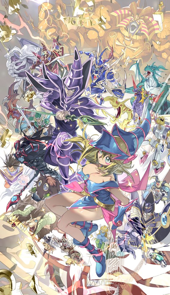 2girls 6+boys artist_name black_luster_soldier buster_blader catapult_turtle celtic_guardian curse_of_dragon dark_magician dark_magician_girl dark_magician_of_chaos duel_monster e_volution everyone exodia_the_forbidden_one gaia_the_fierce_knight group_picture kuriboh millennium_puzzle monster multiple_boys multiple_girls mystical_elf osiris_the_sky_dragon summoned_skull valkyrion_the_magna_warrior yu-gi-oh! yu-gi-oh!_duel_monsters