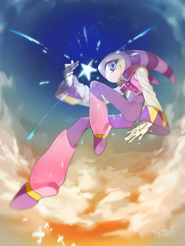 1other androgynous blue_eyes bodysuit clouds cloudy_sky flying gloves hat jester jester_cap long_sleeves mojaranmo moon nights_(character) nights_into_dreams profile sega sky smile solo vest white_gloves