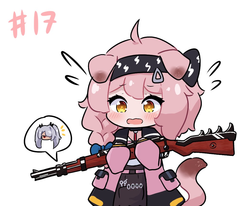 2girls ahoge animal_ears arknights black_hairband black_jacket black_skirt blue_archive blue_bow blush bolt_action bow braid brown_eyes cat_ears cat_girl cat_tail chibi commentary dark-skinned_female dark_skin english_commentary flying_sweatdrops goldenglow_(arknights) grey_hair gun hair_bow hair_over_one_eye hairband high-waist_skirt holding holding_gun holding_weapon iori_(blue_archive) jacket kurotofu lightning_bolt_symbol long_sleeves mauser_98 multiple_girls open_clothes open_jacket open_mouth pink_hair puffy_long_sleeves puffy_sleeves red_eyes rifle shirt simple_background single_braid skirt speech_bubble tail twintails voice_actor_connection wavy_mouth weapon white_background white_shirt