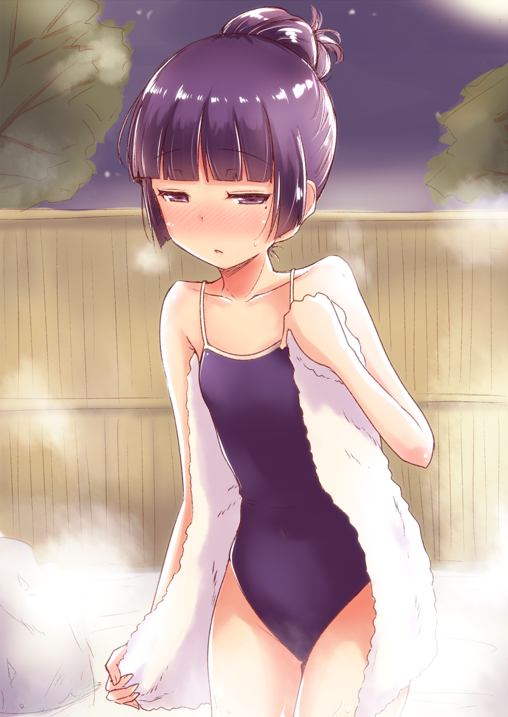 1girl black_hair blue_swimsuit competition_school_swimsuit fence flat_chest gokou_ruri hair_bun highres hime_cut long_hair mole mole_under_eye night onsen ore_no_imouto_ga_konna_ni_kawaii_wake_ga_nai solo steam swimsuit takatsuki_akira towel tree violet_eyes wooden_fence