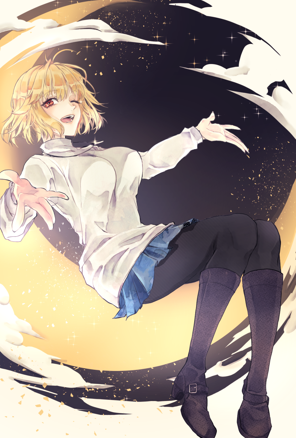 1girl arcueid_brunestud bangs black_legwear blonde_hair blue_skirt blush boots breasts highres jewelry large_breasts long_sleeves looking_at_viewer moon moonlight necklace night night_sky one_eye_closed one_eye_open open_mouth pantyhose red_eyes rolling_anco short_hair skirt sky smile solo star_(sky) starry_sky sweater thighs tsukihime tsukihime_(remake) turtleneck turtleneck_sweater type-moon white_sweater