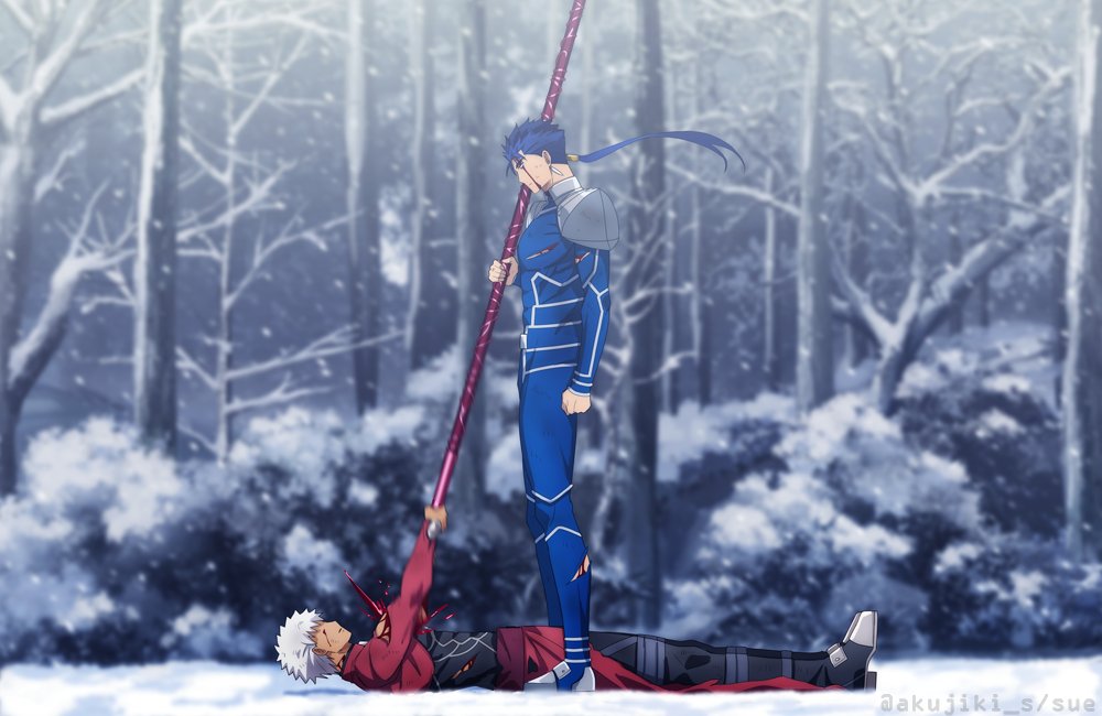 2boys abs akujiki59 archer_(fate) armor artist_name biceps blood blood_on_face blue_hair blurry blurry_background blush bodysuit boots branch chest_armor cu_chulainn_(fate) cu_chulainn_(fate/stay_night) dark-skinned_male dark_skin earrings fate/stay_night fate_(series) forest jacket jewelry lance large_pectorals leg_belt long_hair long_skirt lying male_focus manly multiple_boys muscular muscular_male nature on_back open_clothes open_jacket outdoors pants pectorals polearm ponytail shoulder_armor shoulder_pads skirt spiky_hair stab stud_earrings tight torn_clothes tree twitter_username weapon white_hair winter