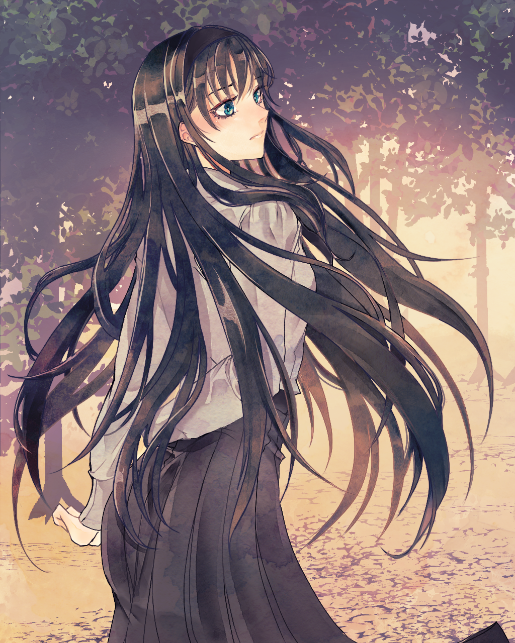 1girl black_bow black_hair black_hairband black_skirt blue_eyes blush bow bowtie floating_hair hairband highres long_hair long_skirt long_sleeves looking_afar looking_to_the_side rolling_anco shirt skirt solo tohno_akiha tree tsukihime tsukihime_(remake) very_long_hair white_shirt wind wind_lift