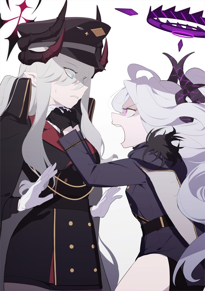 2girls angry ba_fed_kitaku black_coat black_gloves black_headwear blue_archive blue_eyes coat collar_grab demon_horns from_side fur-trimmed_coat fur_trim gloves halo hat high_collar hina_(blue_archive) horns long_hair long_sleeves looking_at_another makoto_(blue_archive) military military_hat military_uniform multiple_girls multiple_horns peaked_cap pointy_ears sanpaku shaded_face shouting simple_background sweat sweatdrop uniform upper_body violet_eyes white_background white_gloves white_hair