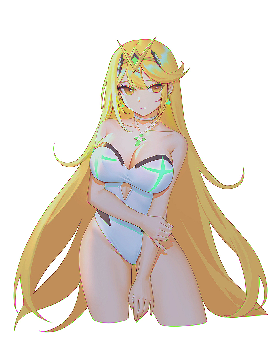 1girl bangs blonde_hair breasts casual_one-piece_swimsuit chest_jewel gem headpiece highres large_breasts long_hair mythra_(radiant_beach)_(xenoblade) mythra_(xenoblade) one-piece_swimsuit siun solo strapless strapless_swimsuit striped striped_swimsuit swept_bangs swimsuit tiara two-tone_swimsuit vertical-striped_swimsuit vertical_stripes very_long_hair white_swimsuit xenoblade_chronicles_(series) xenoblade_chronicles_2 yellow_eyes