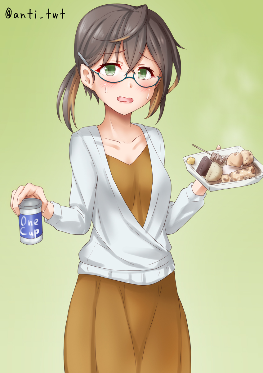 1girl alternate_costume anti_(untea9) blouse blue-framed_eyewear blush breasts brown_hair can casual collarbone cowboy_shot dress food glasses gradient gradient_background green_background green_eyes highres kantai_collection long_sleeves looking_at_viewer multicolored_hair okinami_(kancolle) open_mouth orange_dress pink_hair short_hair small_breasts solo sweatdrop twitter_username white_blouse