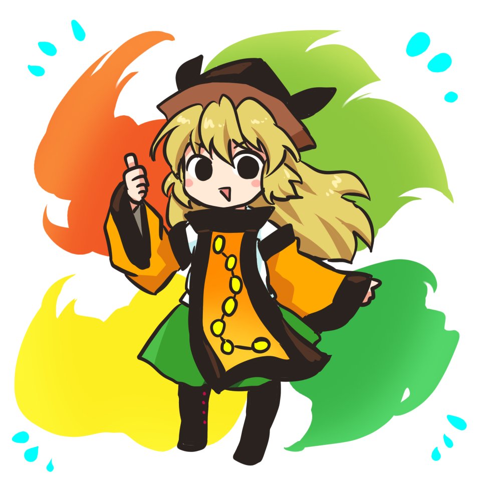 1girl bangs black_eyes black_footwear black_headwear blonde_hair boots brown_headwear cape chibi commentary_request constellation constellation_print detached_sleeves energy eyebrows_visible_through_hair full_body green_skirt hair_between_eyes hand_up hat long_hair long_sleeves looking_at_viewer matara_okina open_mouth orange_cape pote_(ptkan) shirt simple_background skirt smile solo standing tabard touhou v-shaped_eyebrows white_background white_shirt wide_sleeves