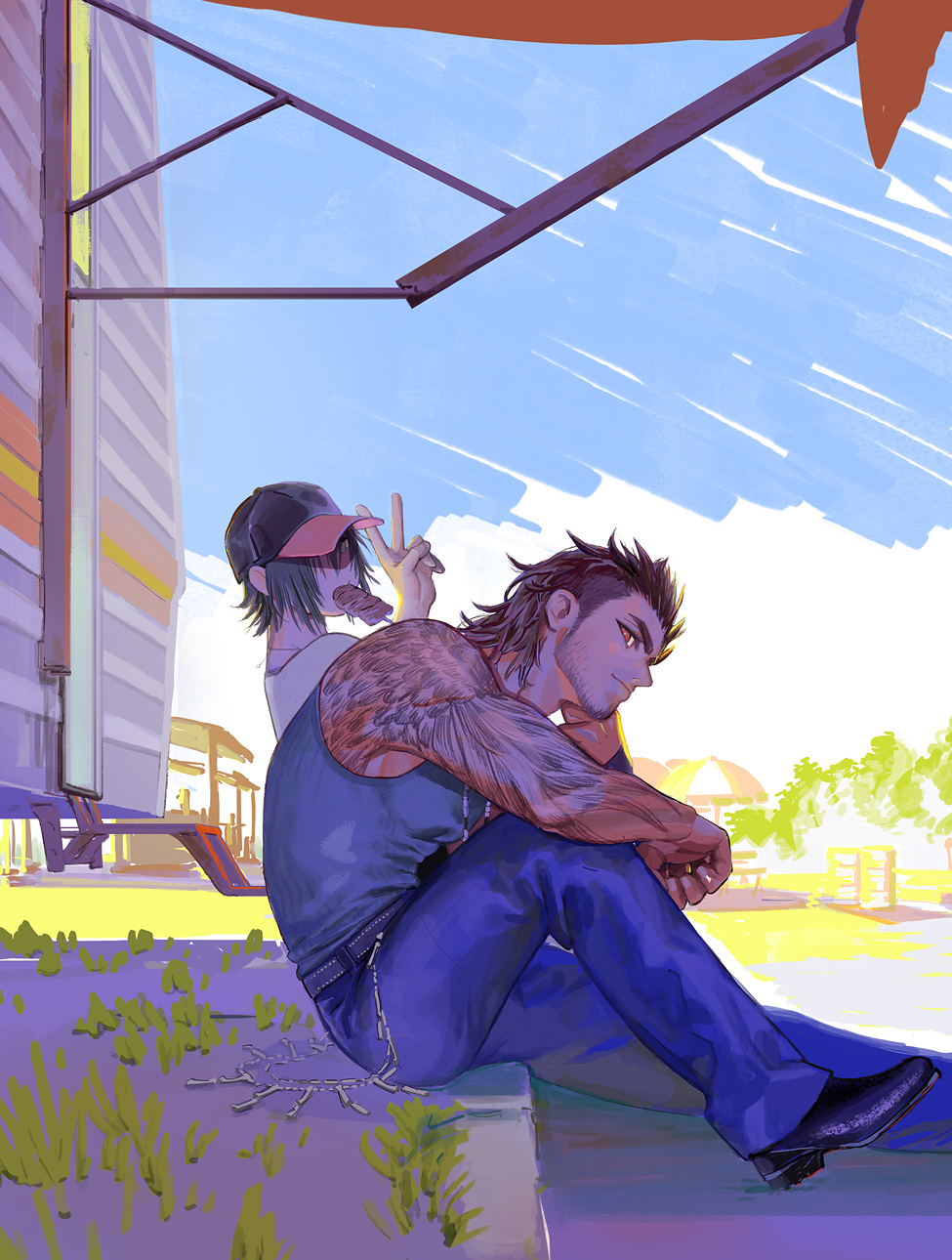 2boys arm_tattoo bare_arms baseball_cap beard character_request denim facial_hair final_fantasy final_fantasy_xv from_side gladiolus_amicitia grey_tank_top hair_slicked_back hat highres in_higashiyama jeans long_sideburns looking_at_viewer male_focus mature_male medium_hair multiple_boys muscular muscular_male pants pectorals scar scar_across_eye scar_on_face shoes sideburns sidepec stubble tank_top tattoo undercut v
