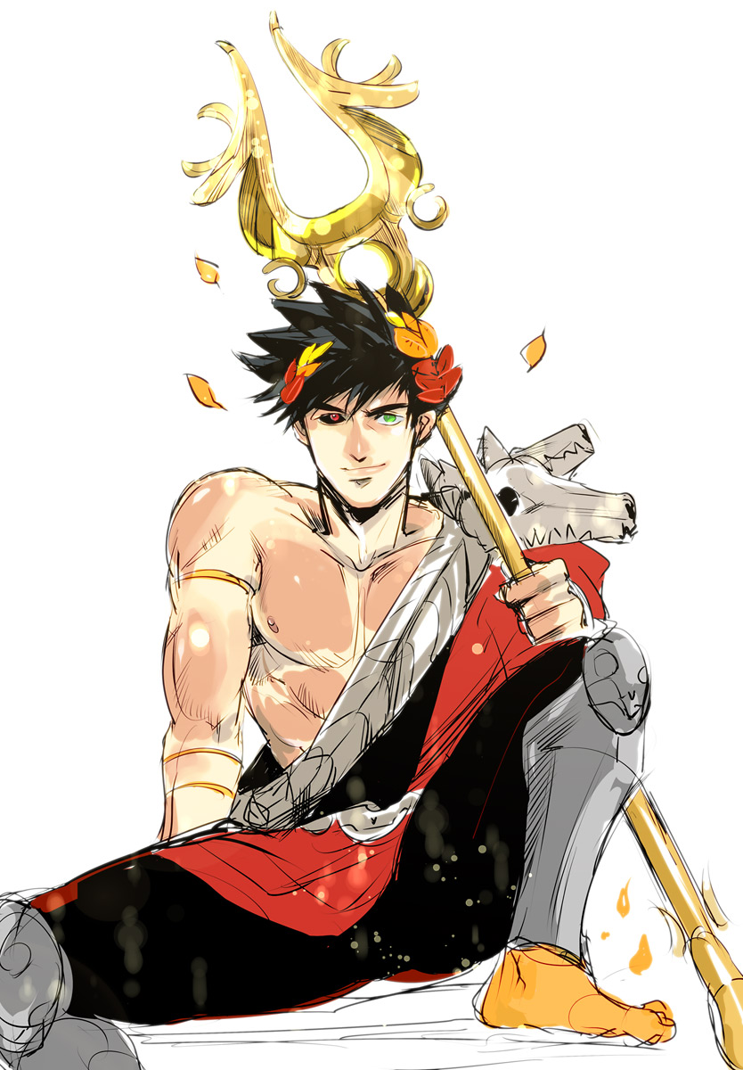 1boy barefoot black_hair black_sclera colored_sclera greek_clothes green_eyes hades_(game) heterochromia highres ing0123 laurel_crown male_focus mismatched_sclera polearm red_eyes single_bare_shoulder sitting skull smile spear spread_legs weapon zagreus_(hades)