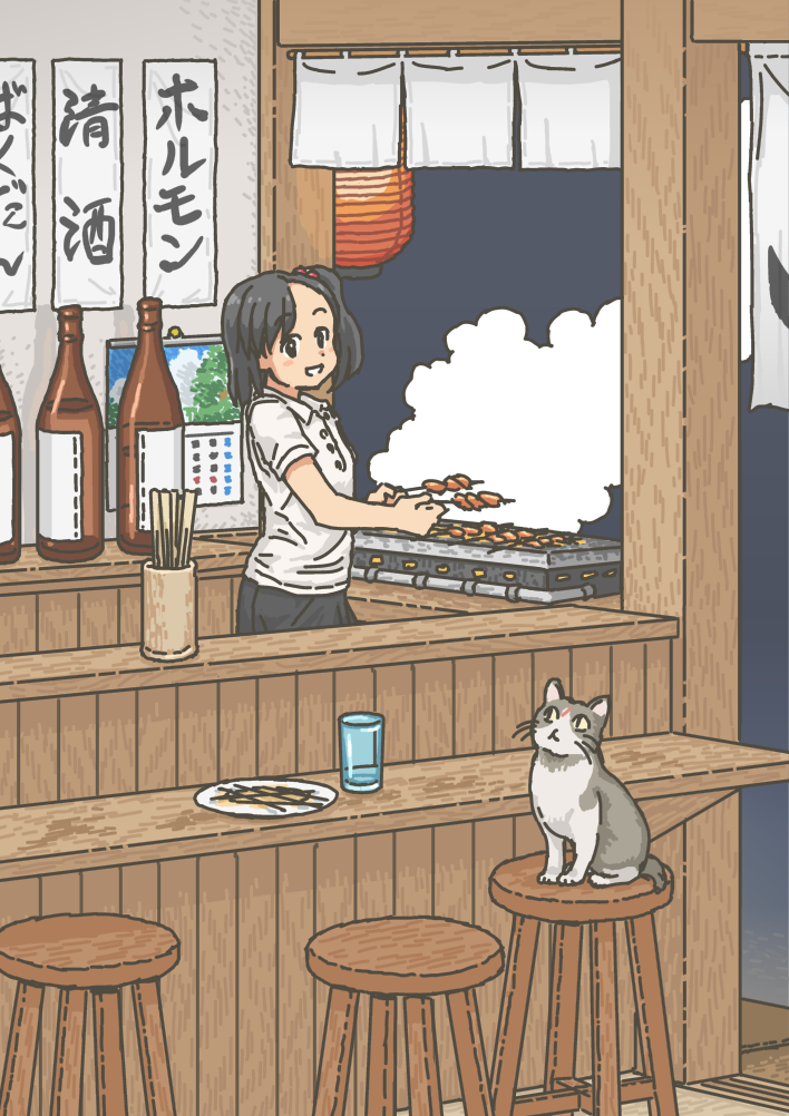 1girl black_eyes black_hair bottle calendar_(object) cat chopsticks commentary_request glass grill kasuga_(kasuga39) lantern one_side_up original plate polo_shirt sake_bottle school_uniform smile smoke solo stool