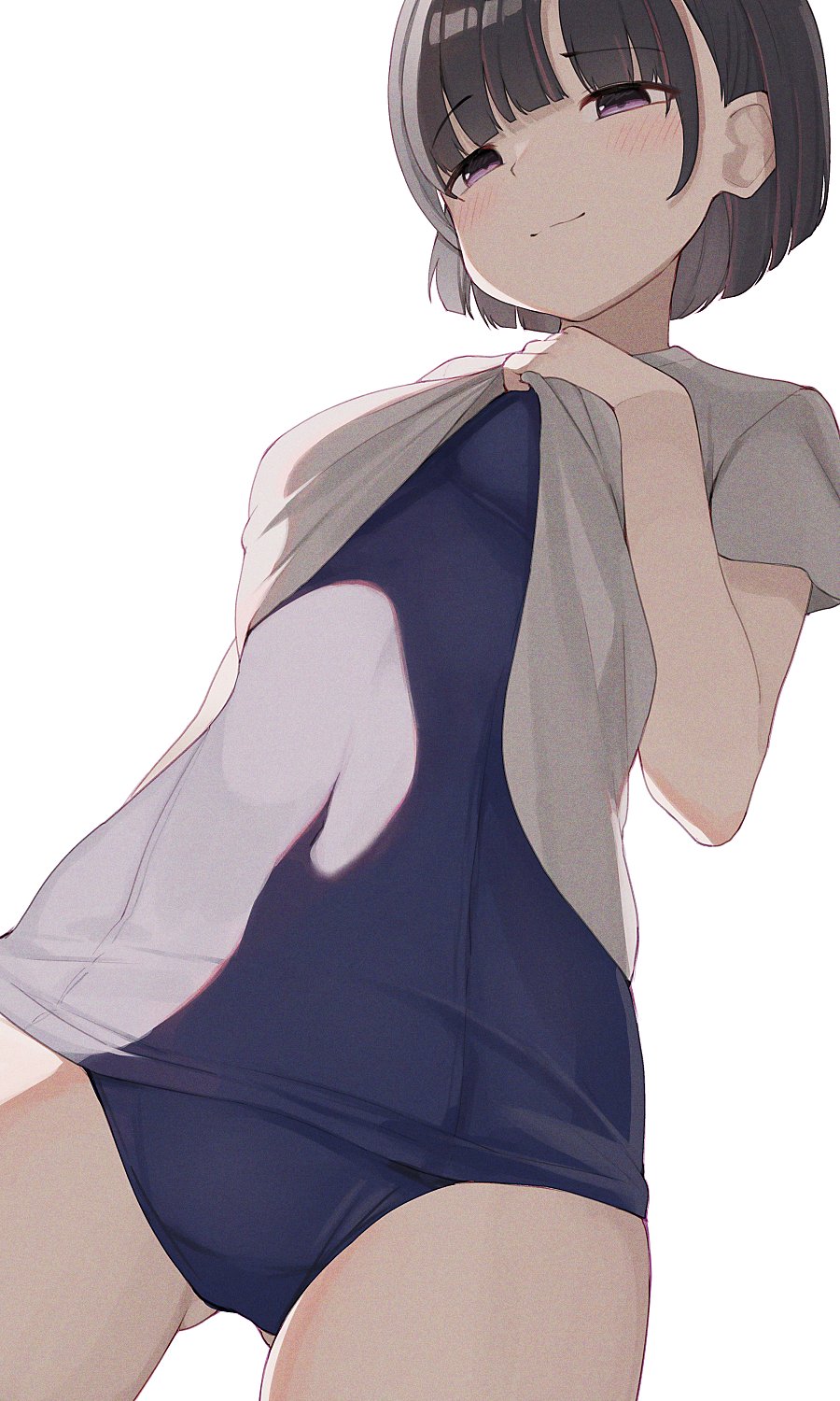 1girl ass_visible_through_thighs bangs black_hair blue_swimsuit blush bob_cut breasts clothes_lift crotch eyebrows_visible_through_hair half-closed_eyes highres hiroki_(yyqw7151) lifted_by_self looking_at_viewer no_pants original school_swimsuit seductive_smile shirt shirt_lift short_sleeves small_breasts smile solo swimsuit t-shirt thighs violet_eyes white_background white_shirt