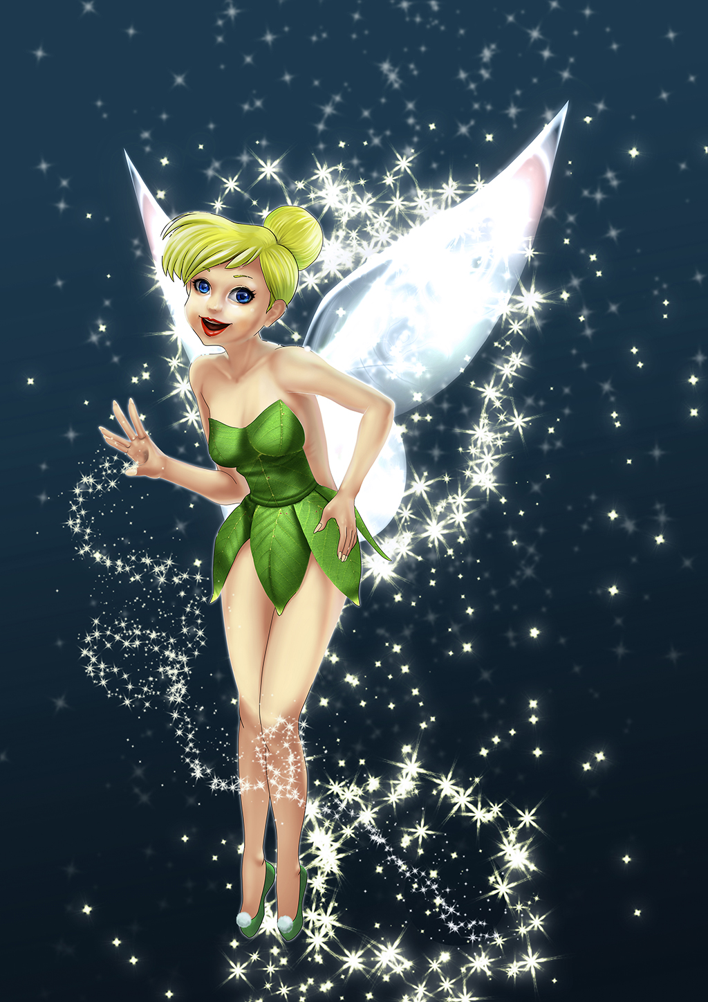 1girl dress fairy fairy_wings full_body green_dress hair_bun highres lips looking_at_viewer open_mouth peter_pan peter_pan_(disney) sleeveless sleeveless_dress smile solo sparkle strapless strapless_dress tinker_bell_(disney) user_rmzd7854 wings