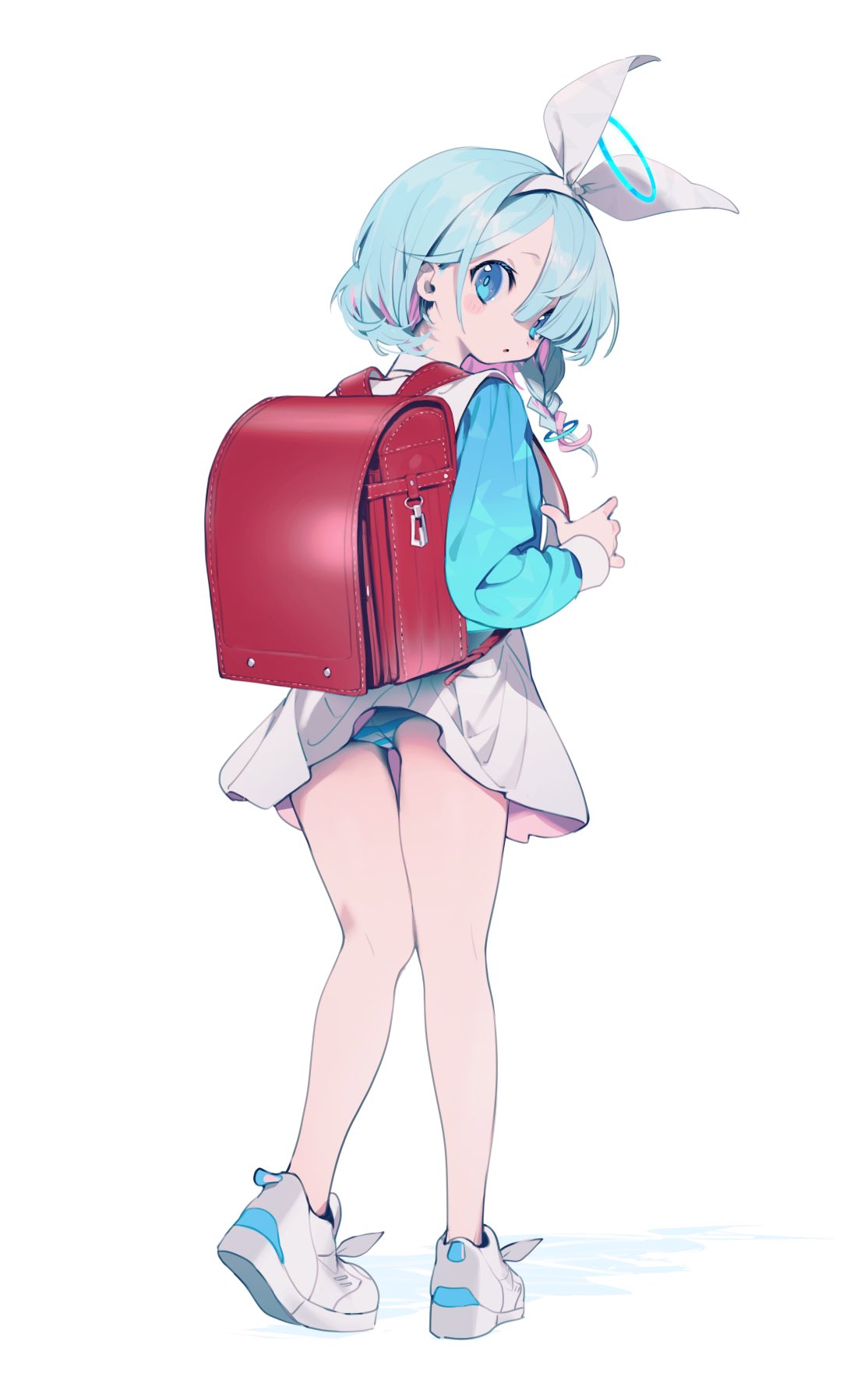 1girl accidental_exposure arona_(blue_archive) ass backpack bag blue_archive blue_eyes blue_hair blue_shirt bow braid bukurote clothes_lift from_behind full_body hair_bow hair_over_one_eye halo highres legs looking_at_viewer looking_back miniskirt panties randoseru ribbon school_uniform serafuku shirt shoes short_hair simple_background skirt skirt_lift striped striped_panties thigh_gap thighs underwear white_background white_footwear white_skirt