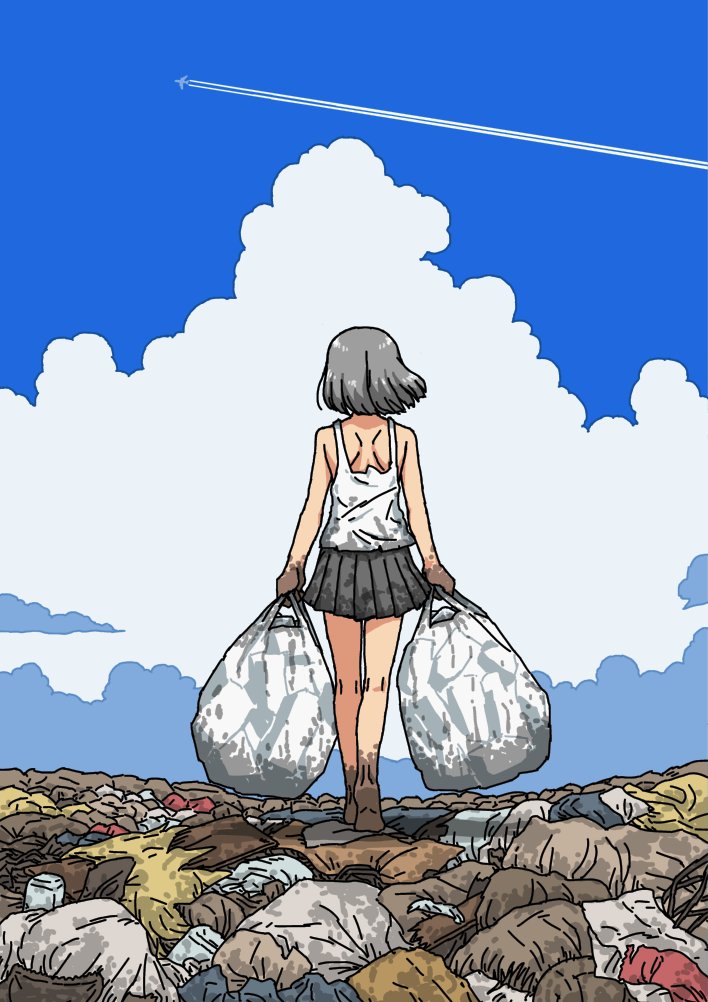 1girl aircraft airplane bag barefoot black_hair blue_sky clouds commentary_request copyright_request dirty dirty_feet dirty_hands from_behind full_body holding holding_bag jet kasuga_(kasuga39) miniskirt pleated_skirt skirt sky solo tank_top trash_bag white_tank_top