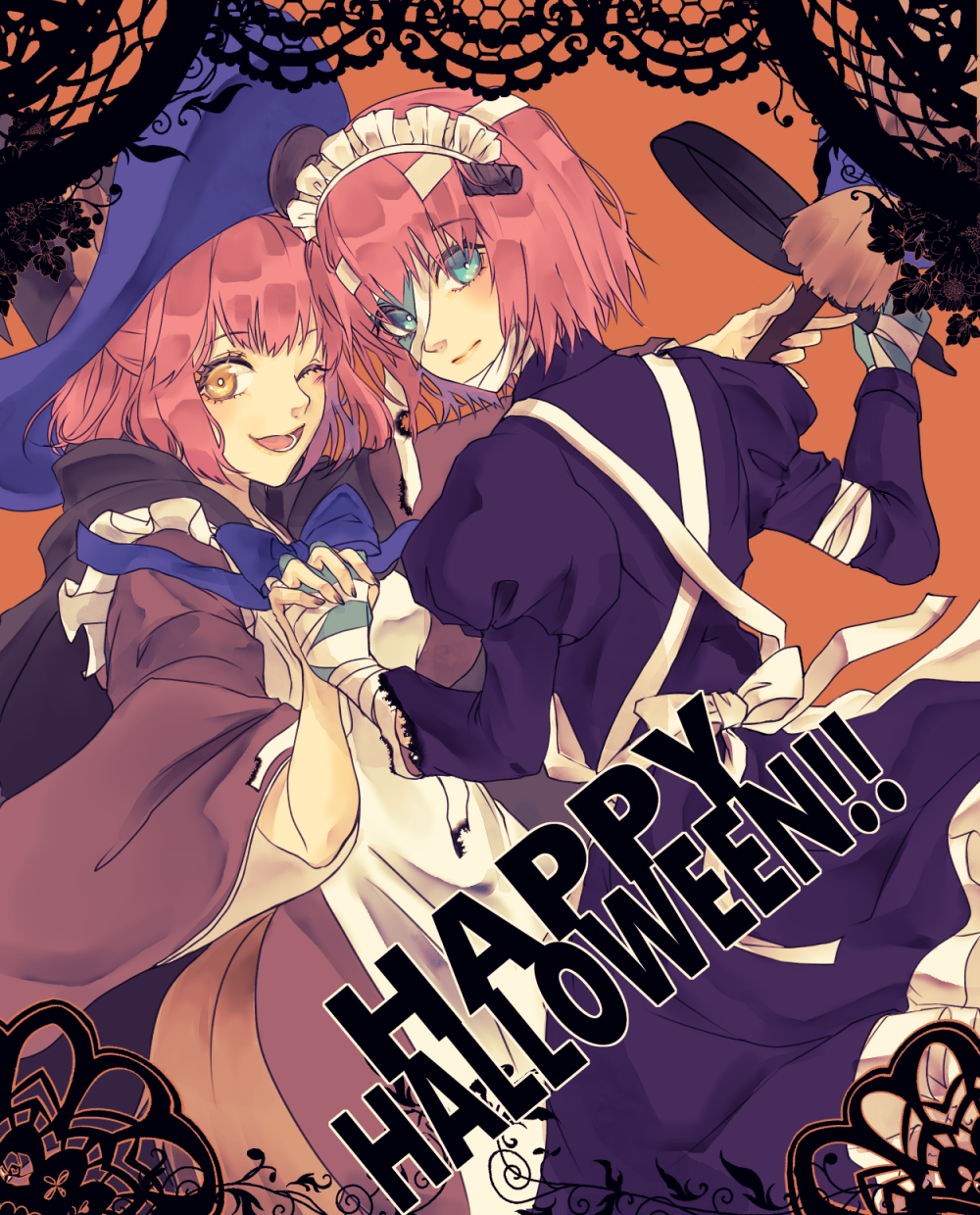 2girls apron bandages black_cape blue_bow blue_eyes bow broom cape colored_skin cosplay english_text frankenstein's_monster frankenstein's_monster_(cosplay) frying_pan hair_between_eyes halloween halloween_costume hat highres hisui_(tsukihime) holding_hands kohaku_(tsukihime) maid maid_apron maid_headdress multiple_girls one_eye_closed open_mouth pink_hair rolling_anco screw_in_head short_hair smile tsukihime tsukihime_(remake) witch witch_hat yellow_eyes
