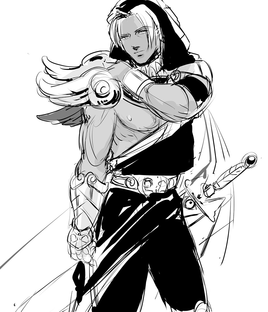 1boy belt dark-skinned_male dark_skin gauntlets gorget greek_clothes greyscale hades_(game) hood hood_up ing0123 male_focus monochrome sheath sheathed single_gauntlet sketch sword thanatos_(hades) weapon