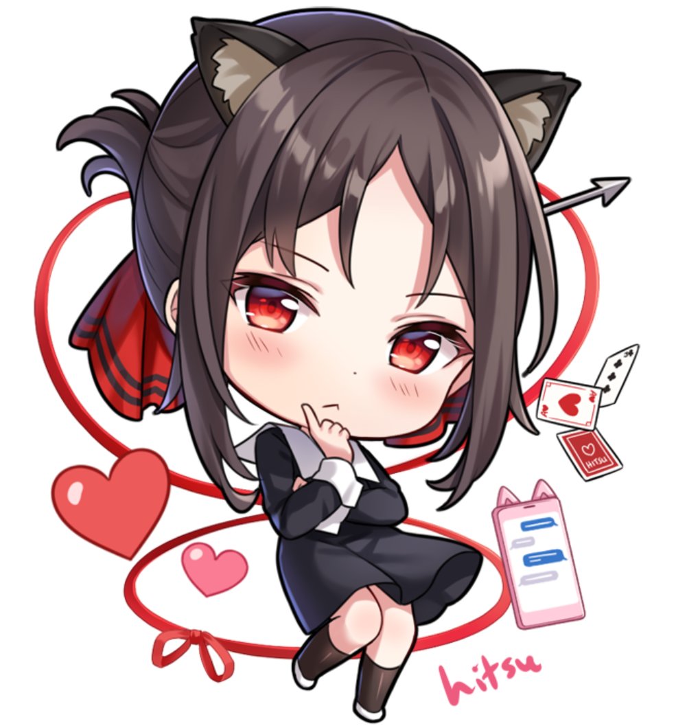 1girl :&lt; ace_of_hearts animal_ears arrow_(projectile) bangs black_dress black_hair black_legwear card cat_ears cellphone chibi closed_mouth club_(shape) collared_dress commentary dress english_commentary eyebrows_visible_through_hair folded_ponytail hair_ribbon heart hitsukuya kaguya-sama_wa_kokurasetai_~tensai-tachi_no_renai_zunousen~ kemonomimi_mode long_sleeves looking_at_viewer parted_bangs phone phone_with_ears playing_card red_eyes red_ribbon ribbon shinomiya_kaguya shoes signature simple_background socks solo white_background white_footwear