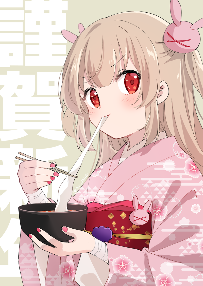 bandages bangs blush chopsticks commentary_request eating fingernails food_in_mouth hair_ornament ica japanese_clothes kimono light_blue_hair long_hair looking_at_viewer natori_sana portrait red_eyes sana_channel simple_background translation_request virtual_youtuber yukata