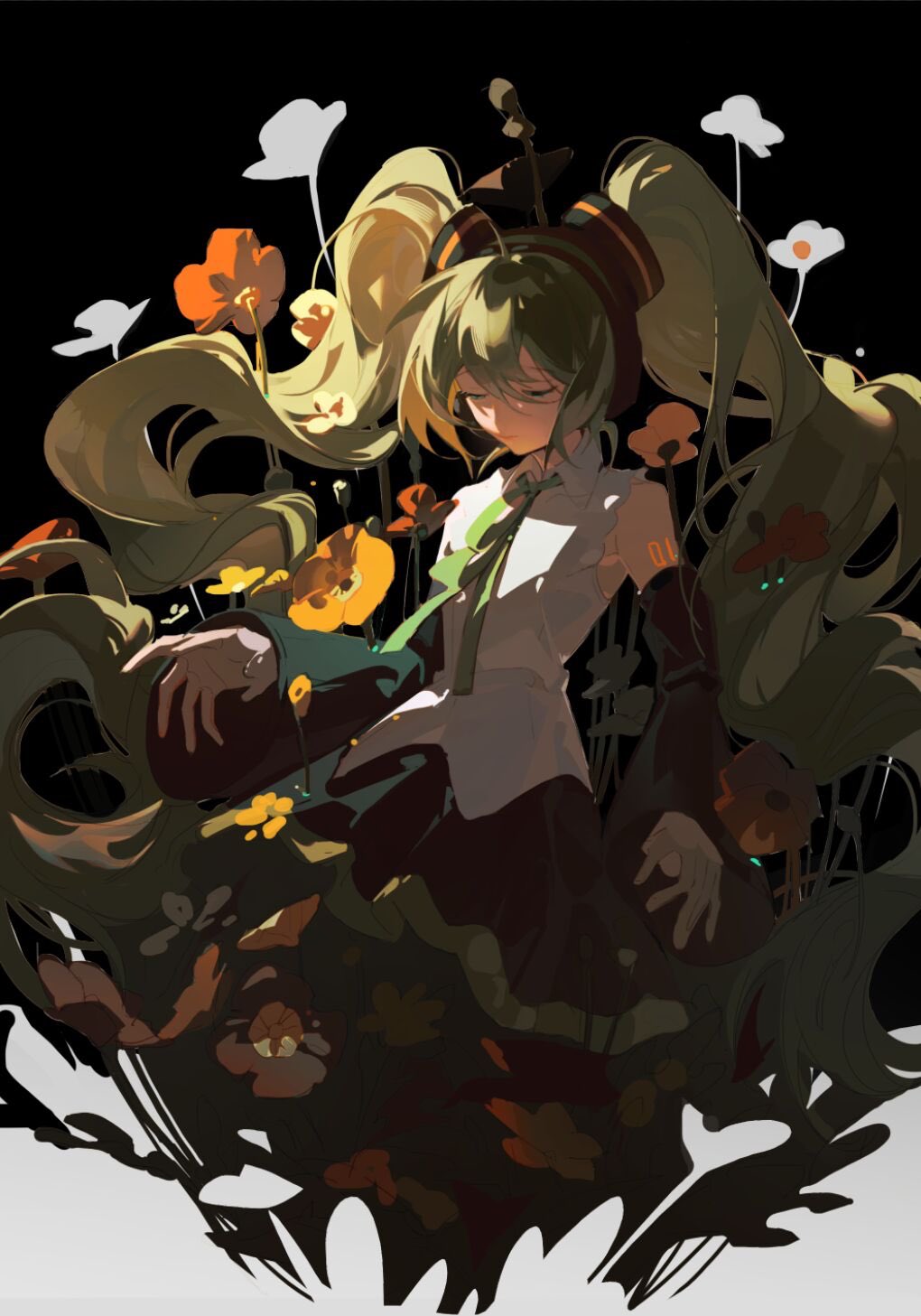 1girl ahoge bangs baofandxy black_background black_skirt commentary detached_sleeves flower green_hair green_necktie hair_flower hair_ornament hairband half-closed_eyes hatsune_miku highres long_hair looking_down necktie shirt skirt solo twintails very_long_hair vocaloid white_shirt wide_sleeves