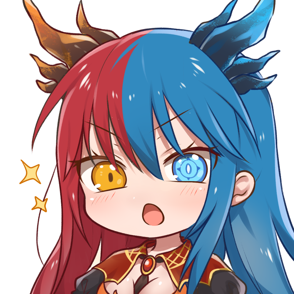 1girl bangs blue_eyes blue_hair blue_horns blush bow bowtie breasts bright_pupils chibi commission commissioner_upload dragon_girl dragon_horns eyebrows_visible_through_hair heterochromia horns inferna_dragnis long_hair long_sleeves monster_girl multicolored_hair non-web_source open_mouth orange_eyes original puffy_sleeves red_horns redhead solo sparkle split-color_hair surprised symbol-shaped_pupils two-tone_hair usagi1923 white_background white_pupils