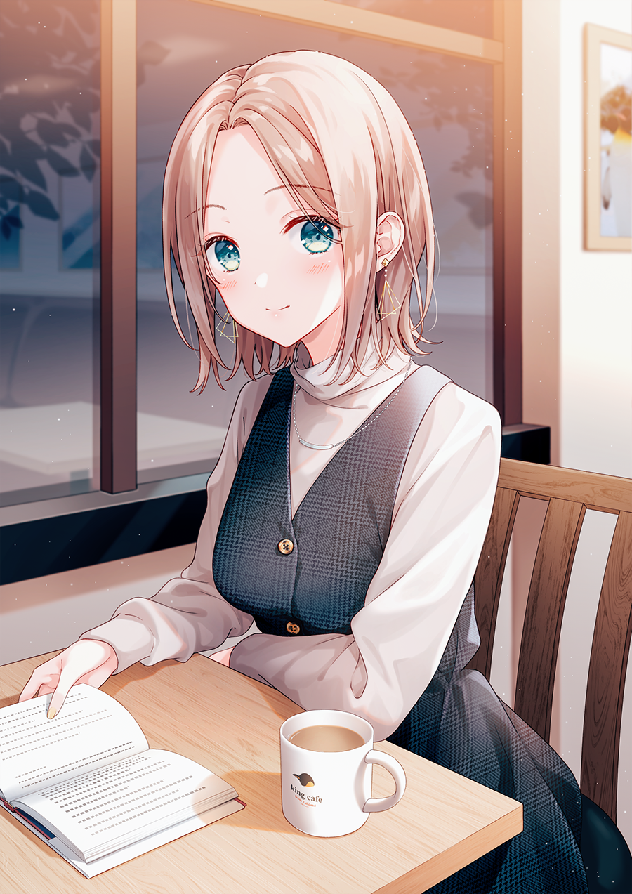 1girl aoi_yuki arms_on_table bangs bird black_dress blonde_hair blue_eyes blush book branch breasts buttons chair coffee coffee_mug cup dress earrings eyebrows_visible_through_hair highres holding holding_book jewelry leaf looking_at_viewer medium_breasts mug necklace night on_chair open_book original parted_bangs penguin picture_(object) picture_frame reading reflection reflective_wall short_hair sitting smile solo sweater table tree turtleneck turtleneck_sweater window