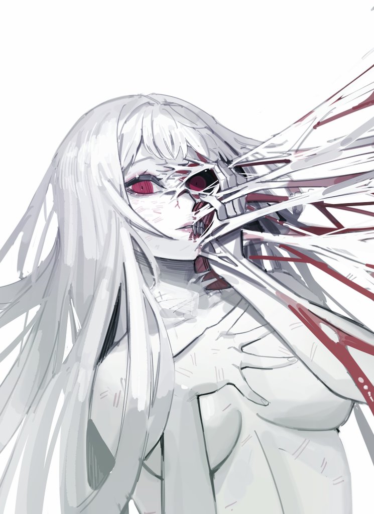 1girl collarbone completely_nude deep_wound exposed_muscle eyeball fingernails hand_on_own_face injury long_hair looking_at_viewer maenoo nude original red_eyes scratches solo teeth very_long_hair white_background white_hair