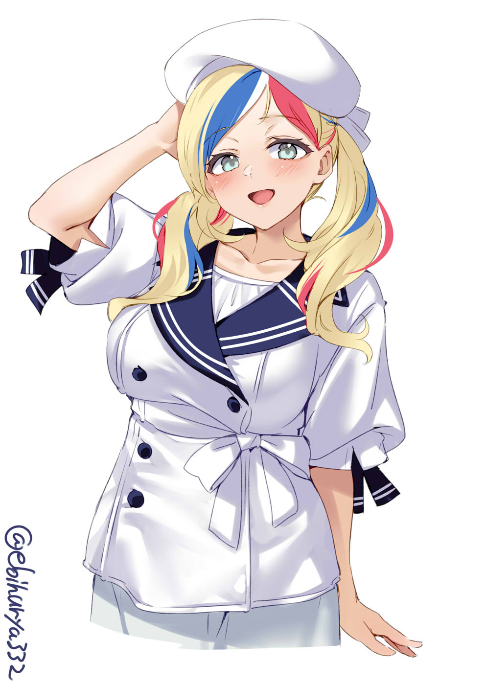 1girl alternate_costume alternate_hairstyle aqua_eyes arm_behind_head beret blonde_hair blouse blue_hair breasts collarbone commandant_teste_(kancolle) cowboy_shot ebifurya eyebrows_visible_through_hair grey_skirt hat highres kantai_collection long_hair medium_breasts multicolored_hair one-hour_drawing_challenge open_mouth puffy_sleeves redhead short_sleeves simple_background skirt smile solo streaked_hair twintails twitter_username wavy_hair white_background white_blouse white_hair