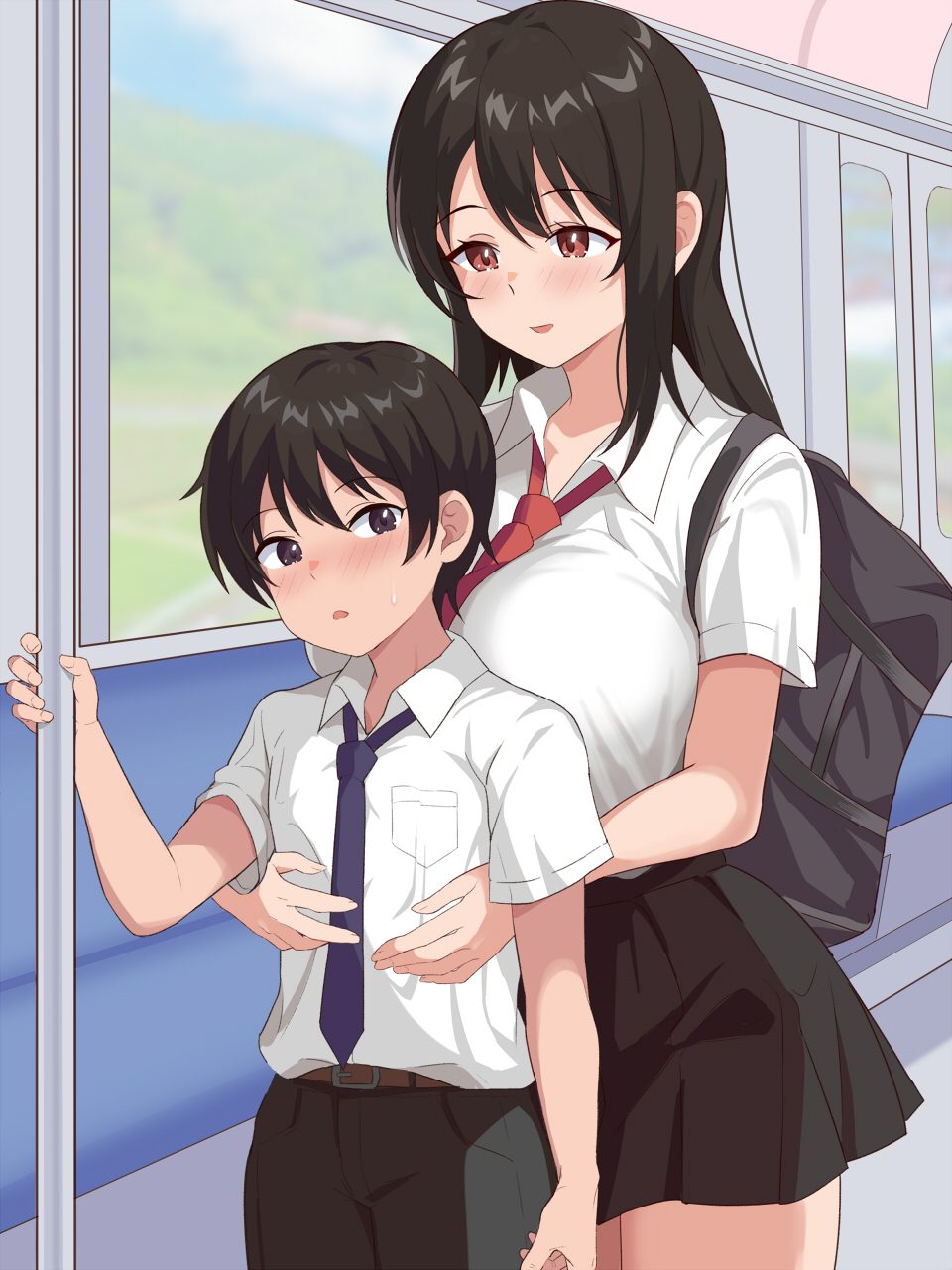 1boy 1girl age_difference bag belt black_hair black_skirt blue_necktie blue_sky blush breasts clouds cloudy_sky commentary_request day genmon grabbing grabbing_from_behind groping ground_vehicle hair_between_eyes hand_grip height_difference hetero highres long_hair molestation necktie onee-shota open_mouth original red_eyes red_necktie sailor_collar school_bag school_uniform seat shirt short_hair short_sleeves skirt sky train train_interior violet_eyes white_shirt window you_gonna_get_raped