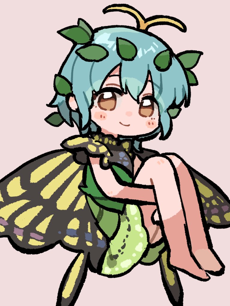 1girl antennae aqua_hair barefoot butterfly_wings closed_mouth dress eternity_larva eyebrows_visible_through_hair fairy full_body green_dress hair_between_eyes leaf leaf_on_head multicolored_clothes multicolored_dress sasa_kichi short_hair short_sleeves smile solo touhou wings yellow_eyes