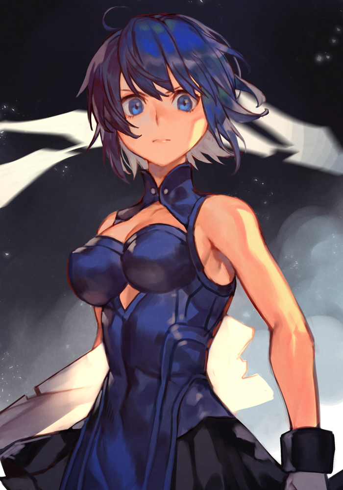 1girl bangs bare_shoulders black_gloves black_skirt blue_eyes blue_hair blue_shirt breasts ciel_(tsukihime) cleavage_cutout closed_mouth clothing_cutout gloves hair_between_eyes hankuri large_breasts looking_at_viewer melty_blood melty_blood:_type_lumina pleated_skirt powered_ciel shaded_face shirt short_hair skirt sleeveless sleeveless_shirt smile solo tsukihime tsukihime_(remake)