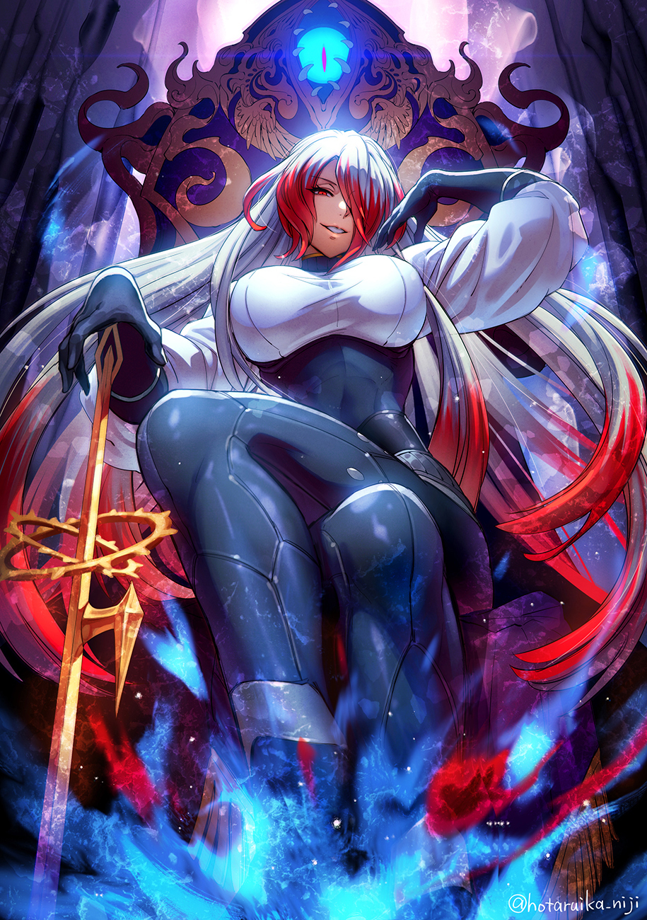 1girl asmodeus_(megido72) black_bodysuit black_gloves bodysuit boots breasts crossed_legs evil_smile glint gloves hair_over_one_eye highres hotaruika_niji impossible_clothes impossible_leotard large_breasts leotard long_hair looking_at_viewer megido72 multicolored_hair red_eyes redhead silver_hair sitting skin_tight smile solo sword two-tone_hair very_long_hair weapon