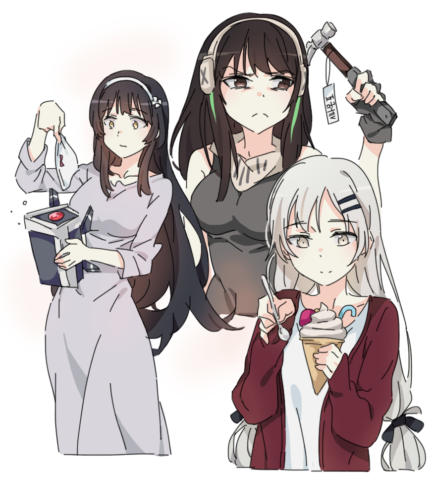 3girls black_hair breasts brown_eyes commentary contemporary dinergate_(girls'_frontline) dress eyebrows_visible_through_hair food frown girls_frontline green_hair grey_eyes hair_ornament hair_ribbon hairband hairclip hammer headgear holding holding_clothes holding_food holding_hammer holding_panties holding_spoon holding_underwear ice_cream ice_cream_cone korean_commentary large_breasts m4a1_(girls'_frontline) multicolored_hair multiple_girls panties price_tag ribbon robot sidarim simple_background sleeveless spoon streaked_hair svd_(girls'_frontline) twintails type_95_(girls'_frontline) underwear upper_body white_background white_hair white_panties yellow_eyes
